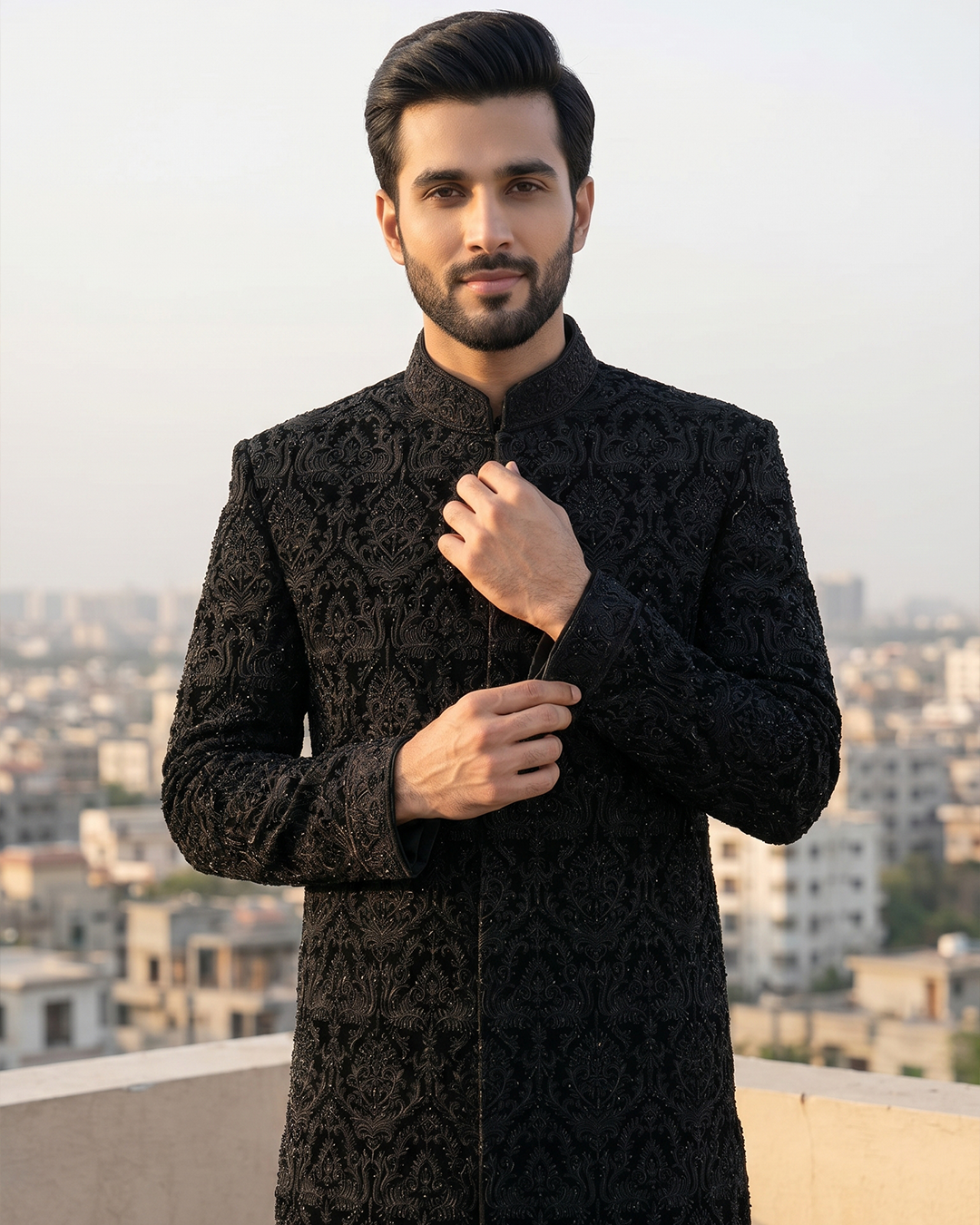 Premium Black Embroidered Velvet Sherwani for Weddings