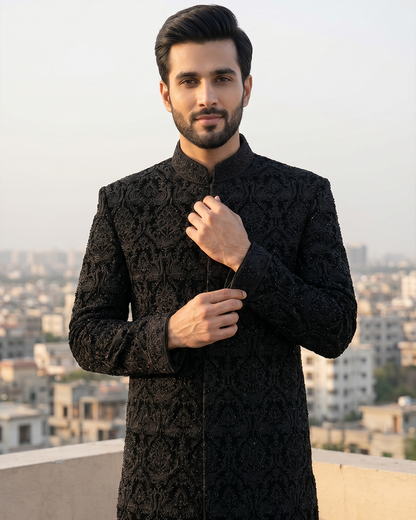 Premium Black Embroidered Velvet Sherwani for Weddings