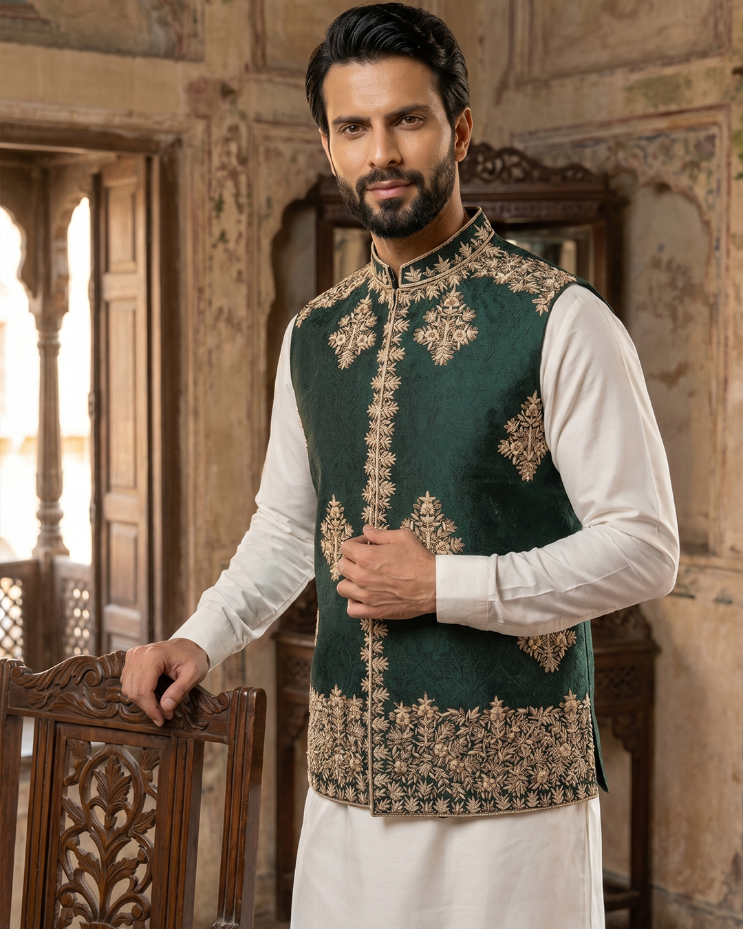 Royal Green Handcrafted Embroidered Waistcoat