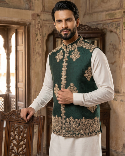 Royal Green Handcrafted Embroidered Waistcoat