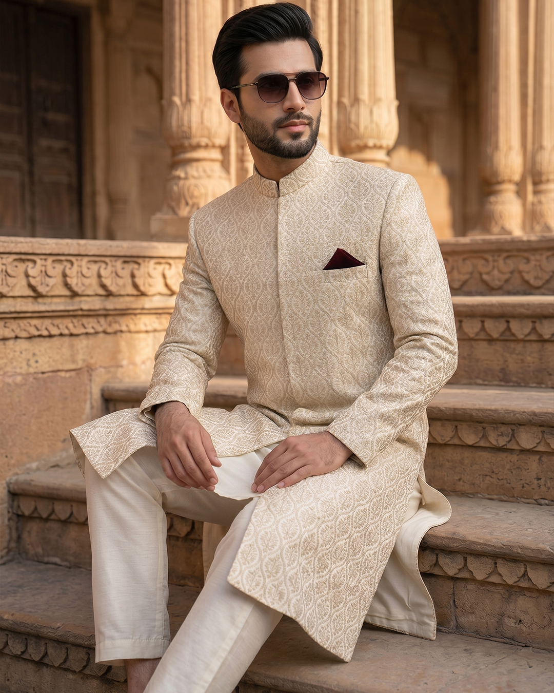 Royal Ivory Self-Embroidered Sherwani
