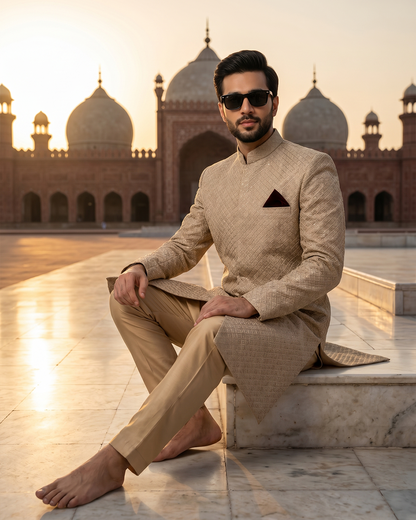 Luxury Silk Base Sherwani with Digital Thread Embroidery