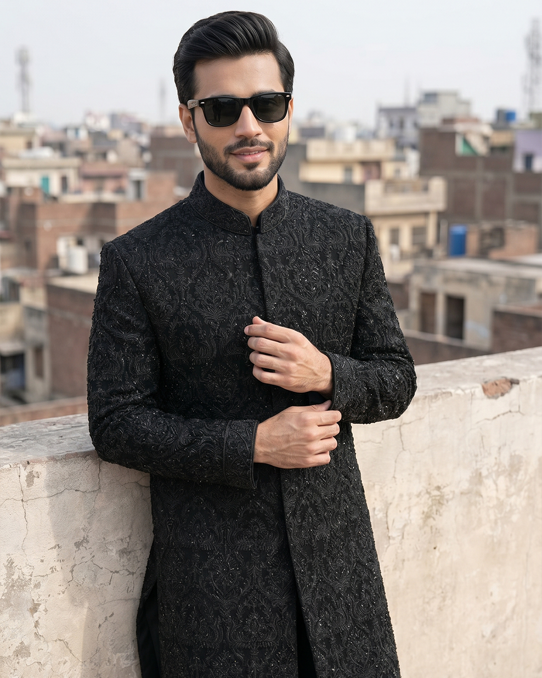 Premium Black Embroidered Velvet Sherwani for Weddings