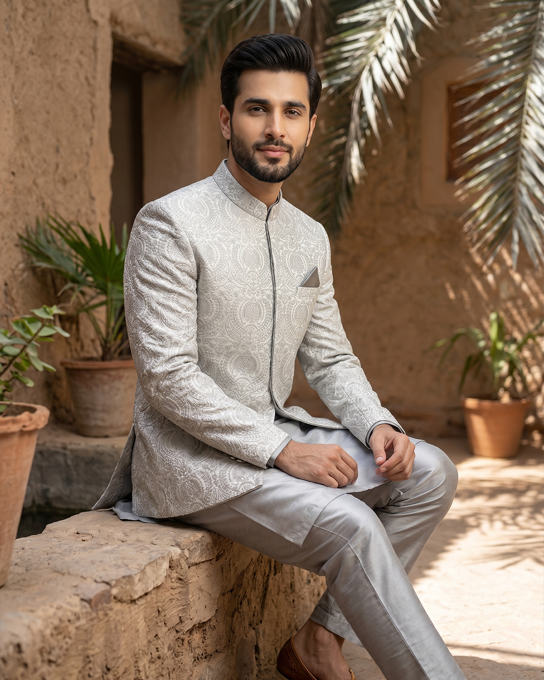 Ivory Silk Prince Coat for Groom | Digital Thread Embroidery