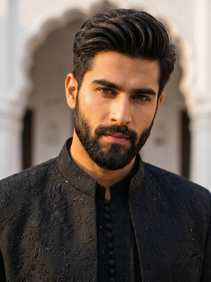 Black Embroidered Prince Coat with Kurta Pajama