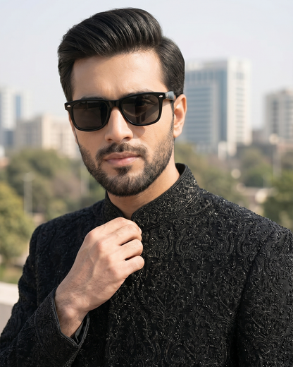 Premium Black Embroidered Velvet Sherwani for Weddings