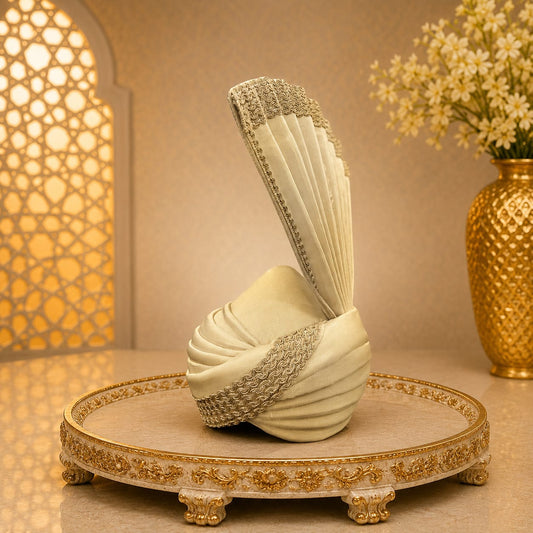 Regal Ivory Silk Groom's Turban (Safa) with Zari Detailing