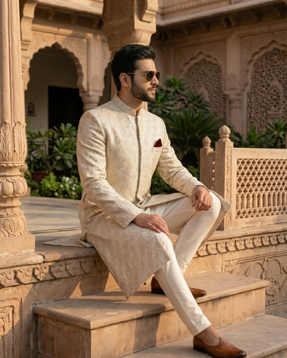 Royal Ivory Self-Embroidered Sherwani