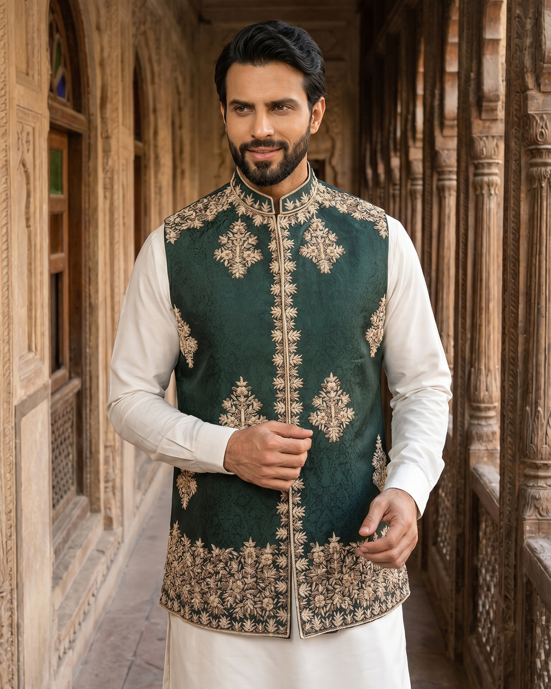 Royal Green Handcrafted Embroidered Waistcoat