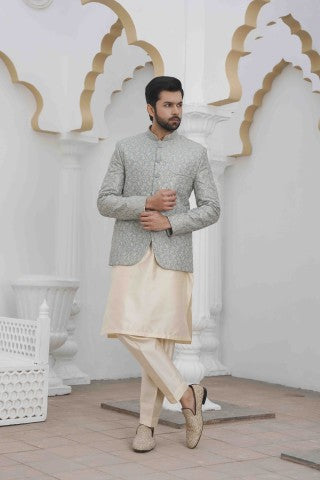 Royal Silver Embroidered Prince Coat Set