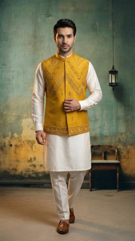 The Royal Mehndi Ensemble: Gold-Mustard Waistcoat & Ivory Kurta Set
