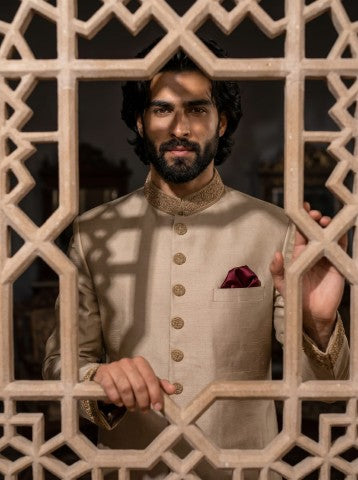 Regal Heritage Embroidered Beige Sherwani