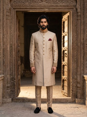 Regal Heritage Embroidered Beige Sherwani