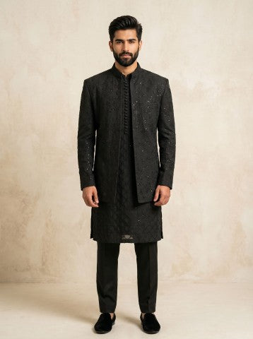 All-Black Embroidered Sherwani Jacket and Kurta Set