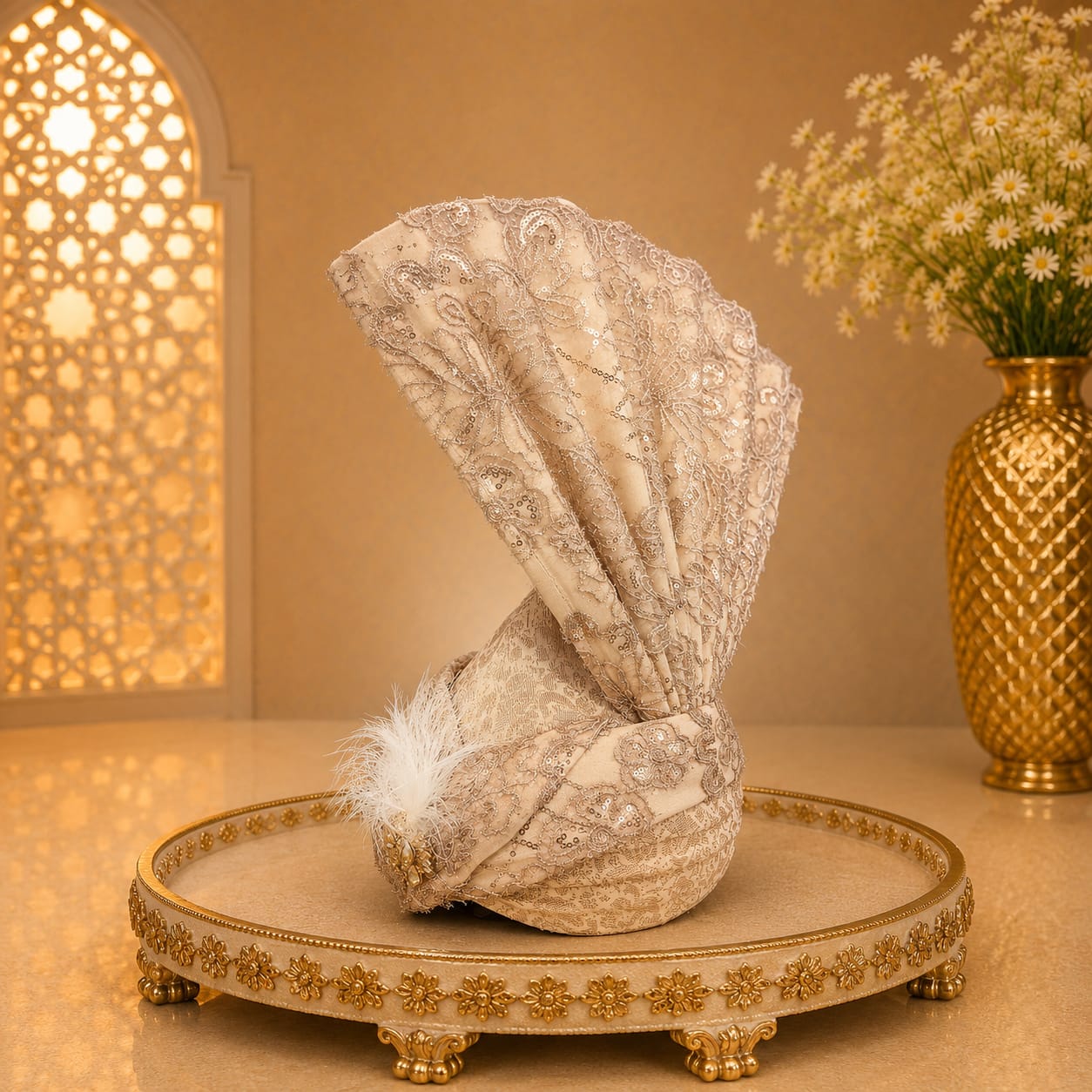 Premium Ivory Sequin Lace Wedding Turban