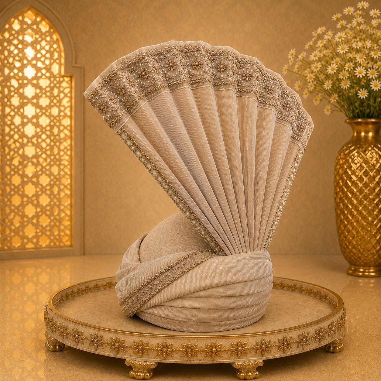 Elegant Champagne Pearl-Embellished Groom's Turban (Safa)