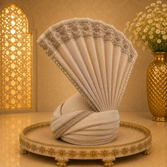 Elegant Champagne Pearl-Embellished Groom's Turban (Safa)