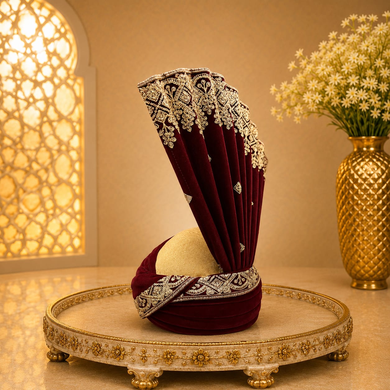 Regal Maroon Velvet Groom's Turban with Gold Embroidery