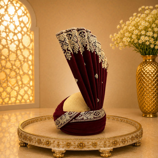Regal Maroon Velvet Groom's Turban with Gold Embroidery