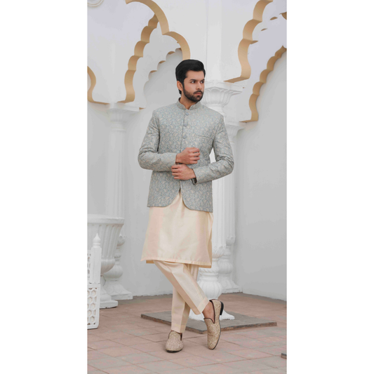 Royal Silver Embroidered Prince Coat Set