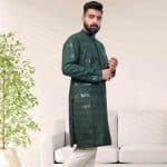 Green embroidered kurta pajama set for men