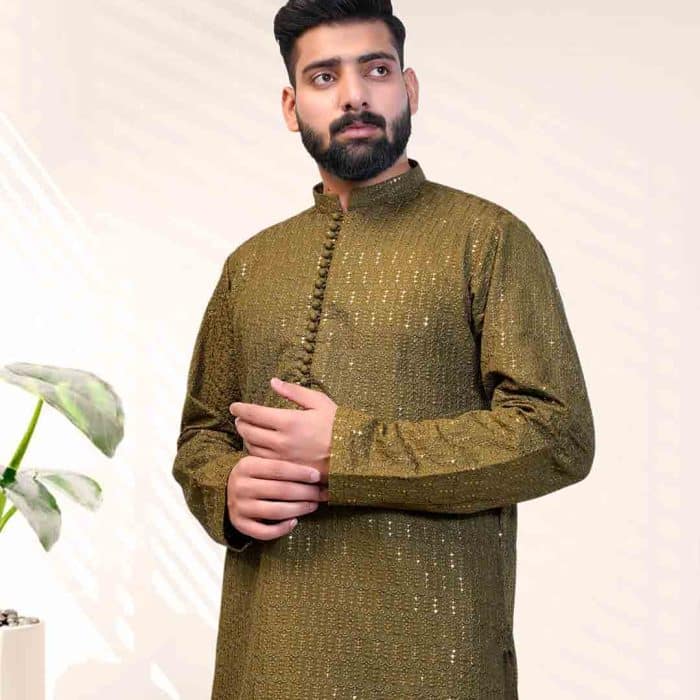 Mehndi green embroidered silk kurta pajama for men Mehndi green embroidered silk kurta pajama for men