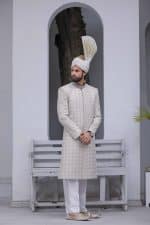 front view of light grey sherwani for groom