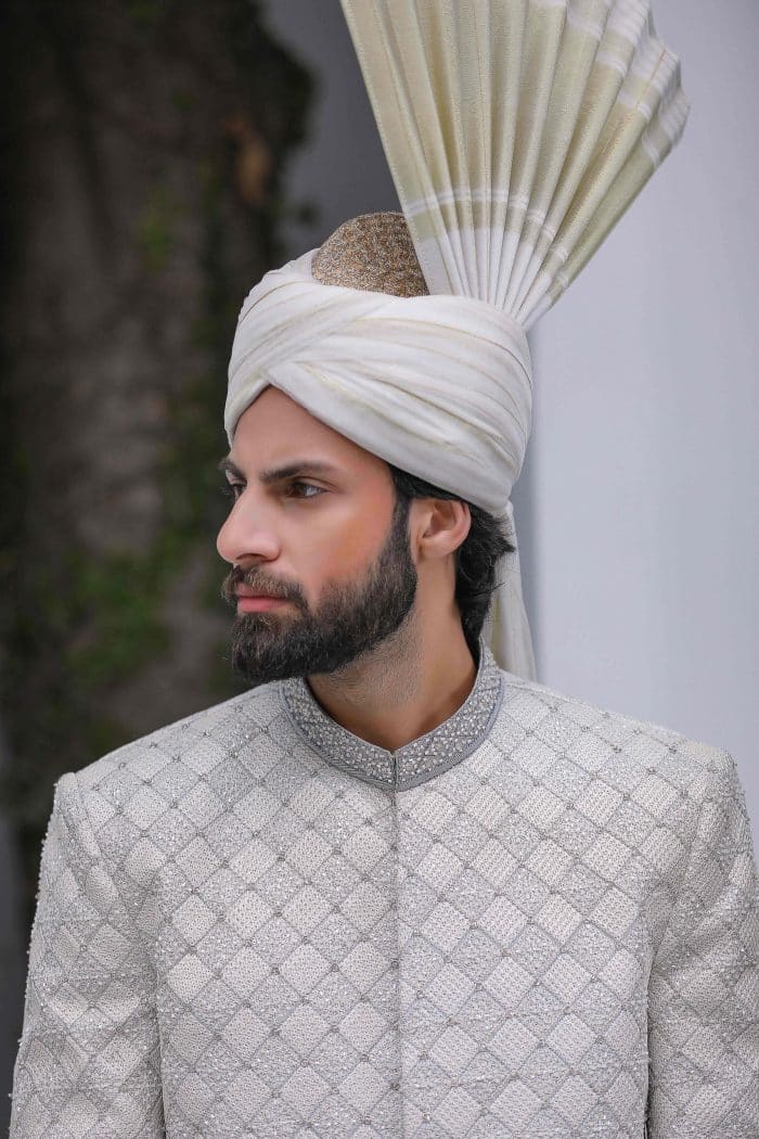 Close-up of embroidery and buttons on light grey sherwani