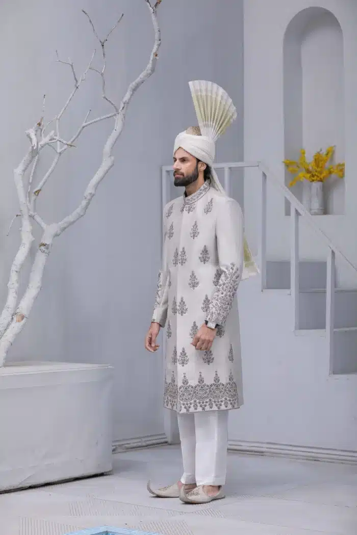 Korean silk grey sherwani for groom with tailored fit