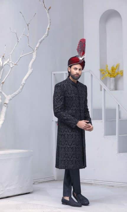 Classic black embroidered sherwani for groom with tailored fit