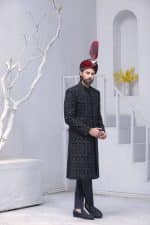 side view of classic black embroidered sherwani