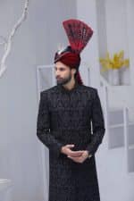 front view of classic black embroidered sherwani