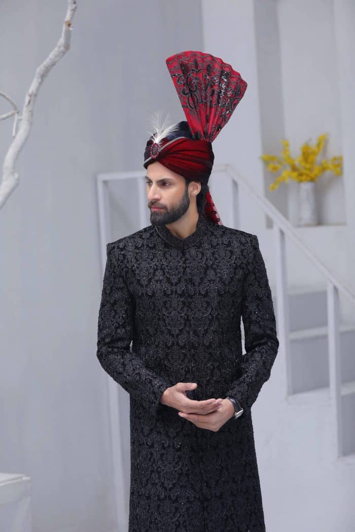 front view of classic black embroidered sherwani