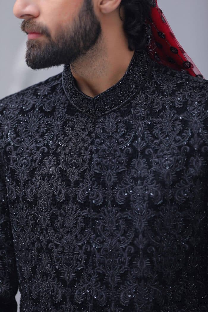 front Close-up of embroidery on classic black sherwani collar