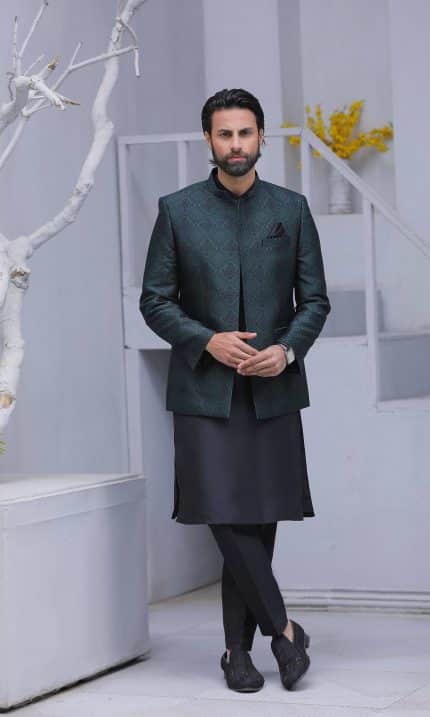 Royal green prince coat for groom with embroidery