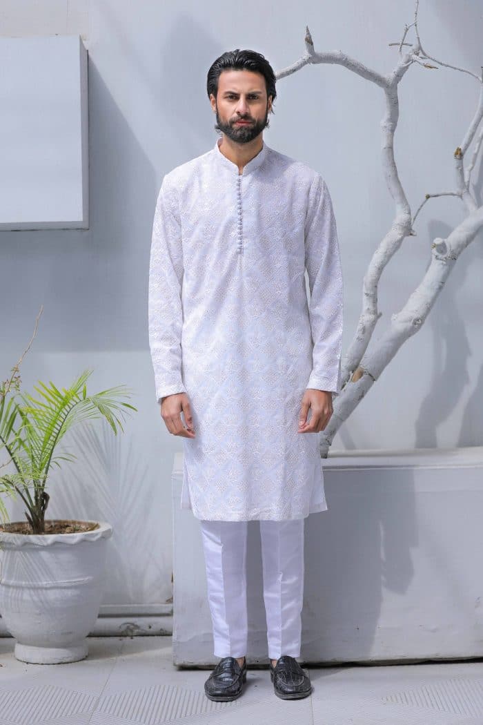 Off White Embroidered Chiffon Kurta Pajama (KP 1) - Image 7