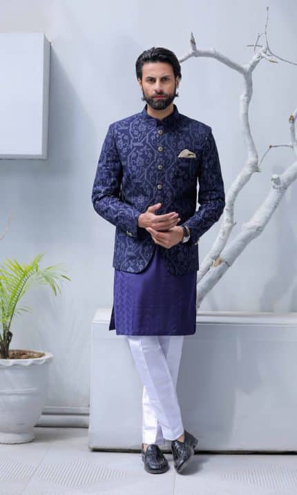 Royal blue prince coat for groom with embroidery