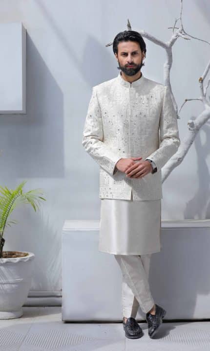 Off white prince coat for groom with subtle embroidery