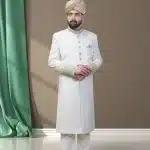 Off white handmade embroidered wedding sherwani in brocade