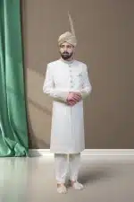 Off white handmade embroidered wedding sherwani in brocade