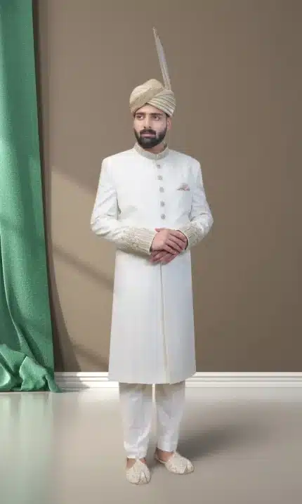 Off white handmade embroidered wedding sherwani in brocade