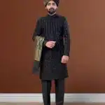 Black tropical sherwani for groom in lightweight fabric