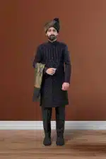 Black tropical sherwani for groom in lightweight fabric