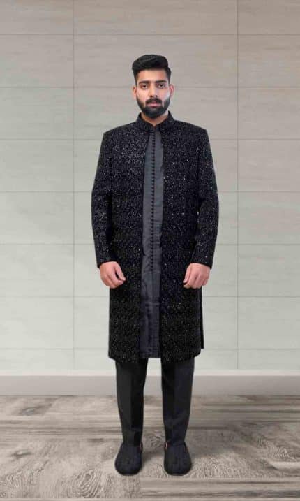 Velvet black embroidered sherwani for groom