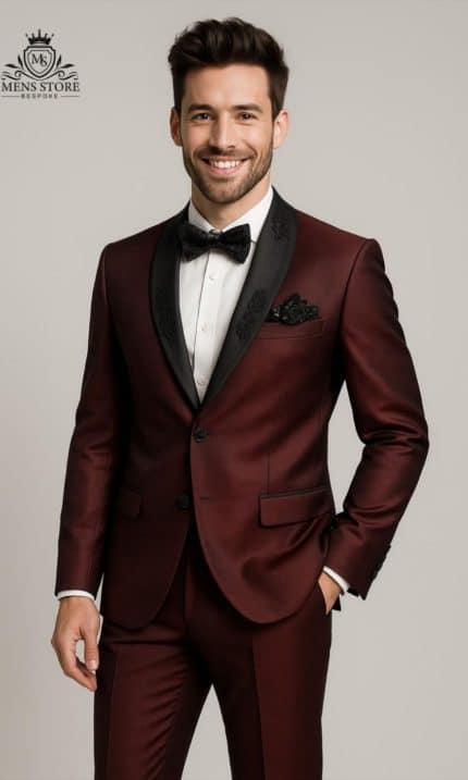 Luxury maroon suit for groom with handmade embroidery