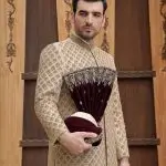Dull gold groom sherwani with digital thread work embroidery
