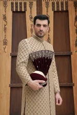 Dull gold groom sherwani with digital thread work embroidery