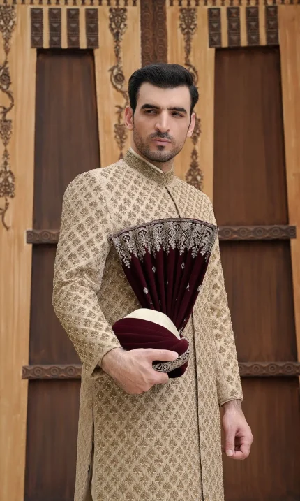 Dull gold groom sherwani with digital thread work embroidery