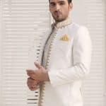 Off white raw silk prince coat for groom with handmade embroidery