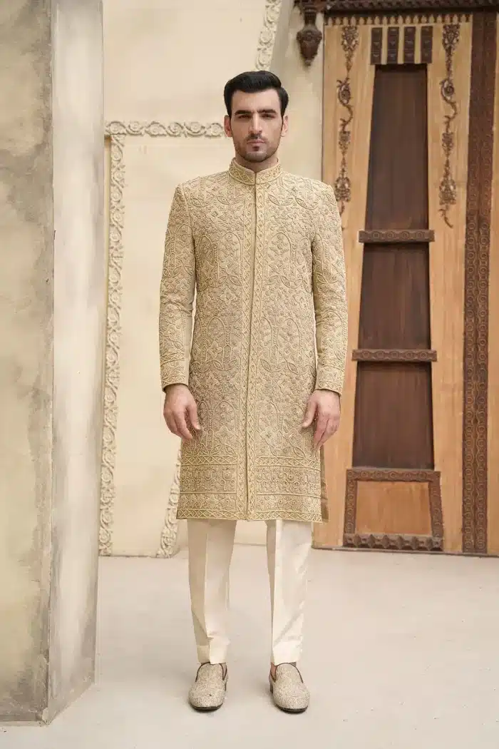 Golden Jamavar Sherwani | Heavy Embroidered Royal Groom Attire (S 19 ) - Image 2